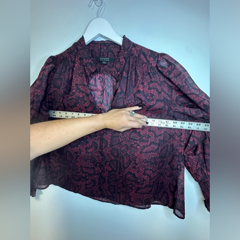 ALLSAINTS Leonie Stanza Shirt in Burgundy Red Python Sheer Print US Size 6 - Picture 13 of 17